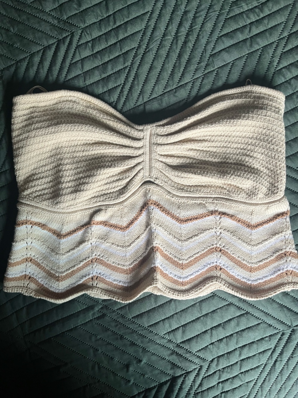 American Eagle Outfitters Cream Strapless Knit Sweater with Tan Chevron Accents